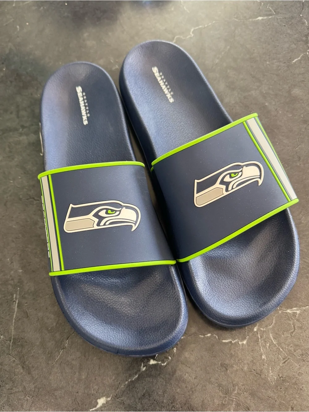 Seattle Seahawks Navy Slide Sandals with Green Trim